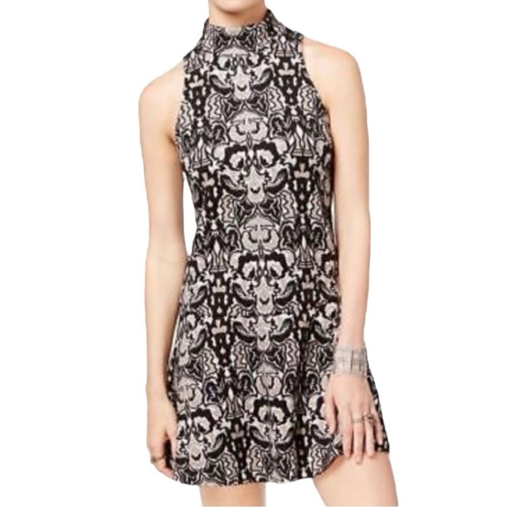 Free People Amelia Jacquard Knit Mock Neck Mini Dress, Size Med Black/Tan/White